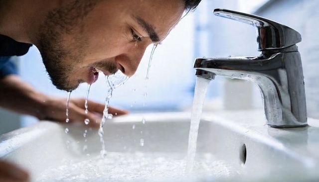 Man rinsing face at bathroom sink with running chrome faucet close-up and water droplets