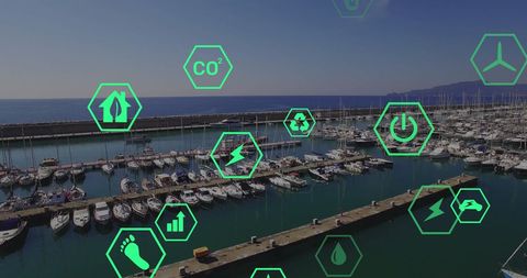 Eco Icons Overlooking Marina Representing Green Shipping