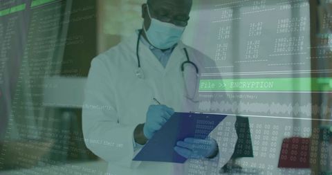 Doctor analyzing encrypted healthcare data with technology overlay