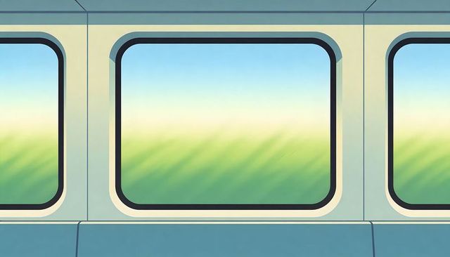 Pastel teal train interior framing blurred green fields through three rounded windows