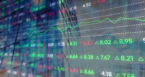 Digital Stock Market Data Overlaid on Urban Skyscrapers