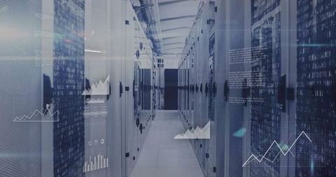 Data Center Aisle with Blinking LEDs and Digital Overlays