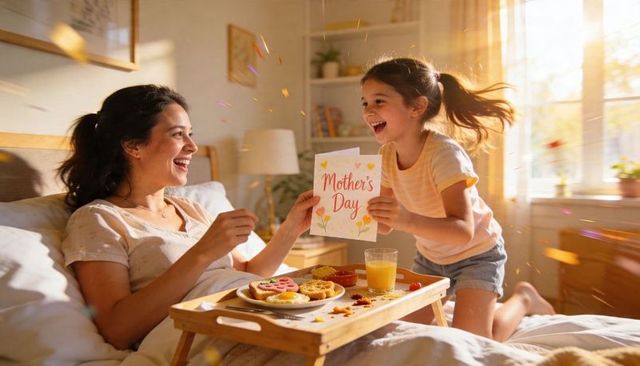 Daughter giving mother's day card and breakfast in bed, sunny morning celebration