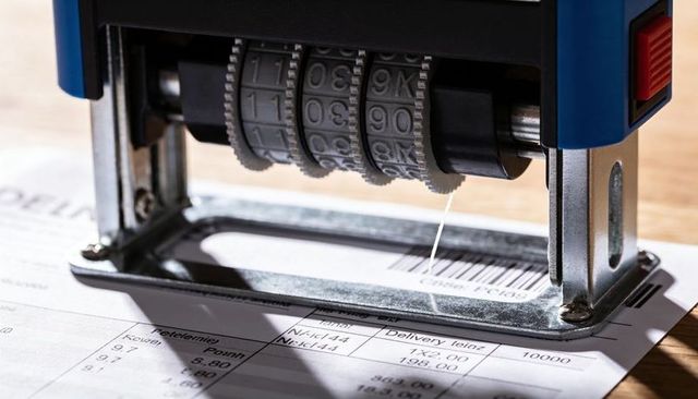 Handheld numbering stamp marking invoice barcode close-up with metal wheels and red button