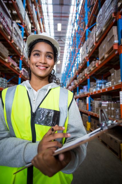 Female warehouse worker smiling and holding clipboard in large warehouse. Ideal for use in articles or advertisements related to logistics, inventory management, supply chain, industrial work environments, and professional occupations in warehousing.
