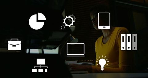 Woman Typing Late on Laptop in Office Surrounded by Productivity and Tech Icons