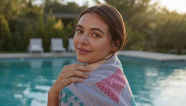 Smiling woman wrapped in colorful patterned towel at backyard pool during golden hour