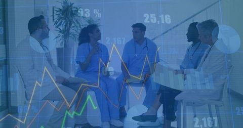 Medical Team Discussing Patient Data with Statistics Overlay