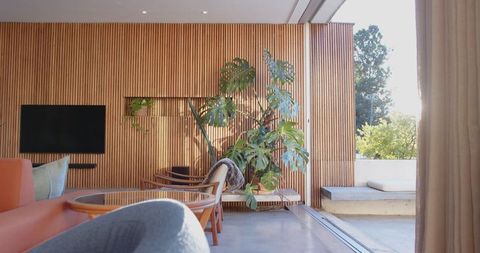 Modern Living Room with Monstera and Wooden Slat Wall