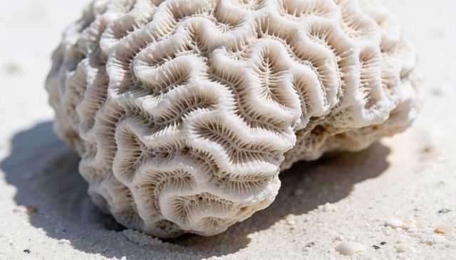 Bleached brain coral skeleton close-up showing maze ridges on white sand macro texture