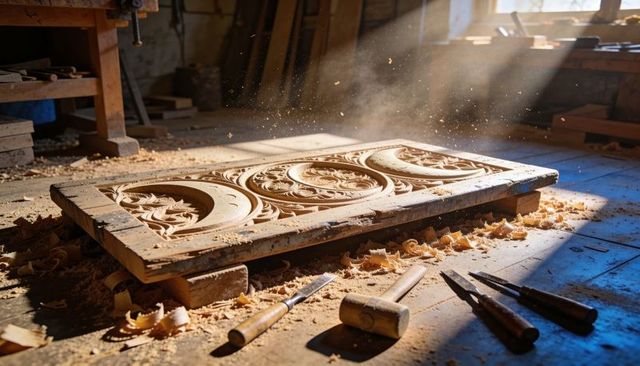 Sunlit carved wooden panel displaying floral medallions with chisels and wood shavings