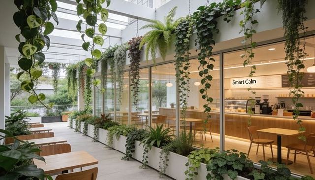 Greenery-filled glass cafe walkway showcasing hanging vines, skylight, modern planters