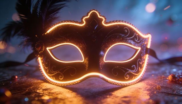 Glowing venetian masquerade mask with neon trim and feather plume on reflective tabletop