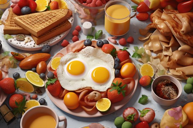 This colorful image showcases an appetizing breakfast spread featuring sunny-side-up eggs, fresh strawberries, blueberries, a glass of orange juice, waffles, and nuts. The vibrant colors and diverse assortment of food items make it perfect for use in advertisements, food blogs, restaurant menus, or marketing materials for breakfast and brunch venues.