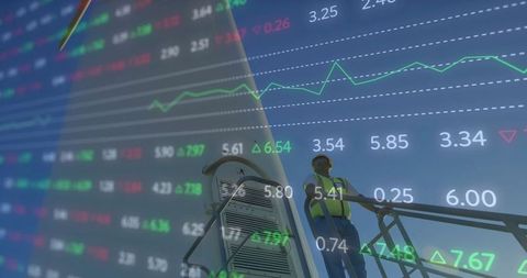 Industrial worker and stock market data overlay - analyzing global trade