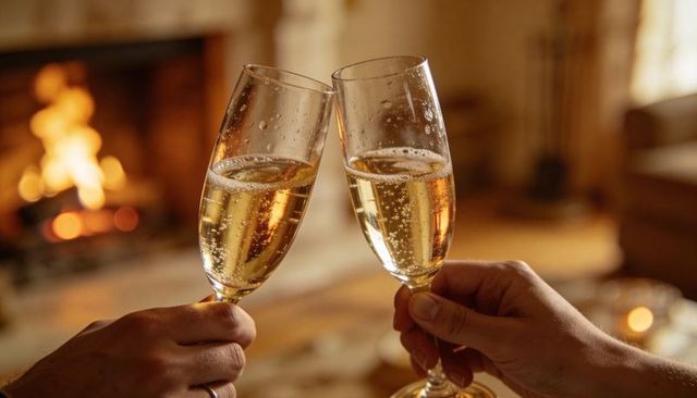 Clinking champagne flutes by fireplace celebrating romantic toast and intimate moments