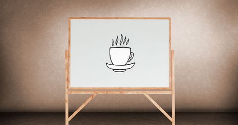 Coffee cup illustration on whiteboard with wooden frame
