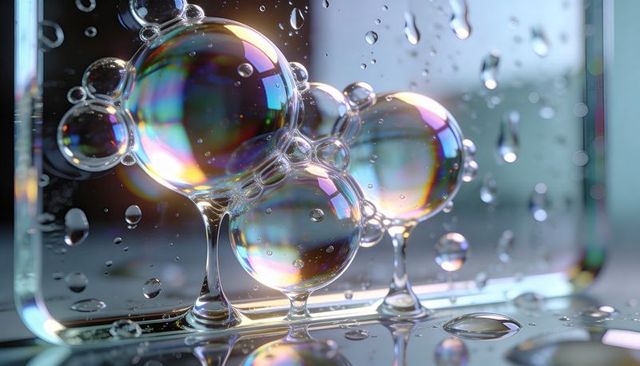 Iridescent bubble cluster reflecting rainbow light on glossy glass with water droplets