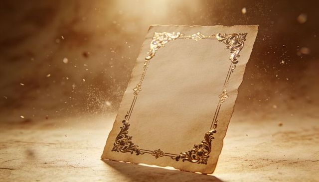 Standing ornate parchment card with gold foil border and torn edges in warm backlight
