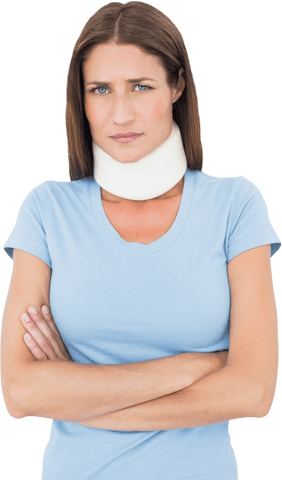 Transparent Woman Wearing Cervical Collar Arms Crossed