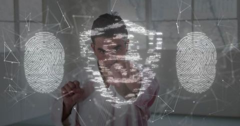 Mature man pointing at shield hologram with fingerprint biometric interface for security