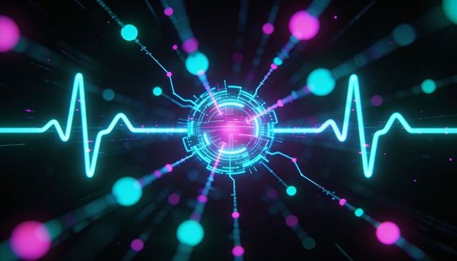 Neon pulse data core with ecg waveform and circuit rings for futuristic tech design