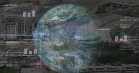 Digital Interface with Data Visualization over Globe and Cityscape