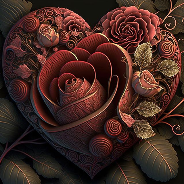 Heart with roses and flowers on black background, created using generative ai technology. Valentines day and celebration concept digitally generated image.