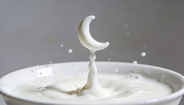 Crescent milk splash rising on thin column over white bowl minimal dairy concept