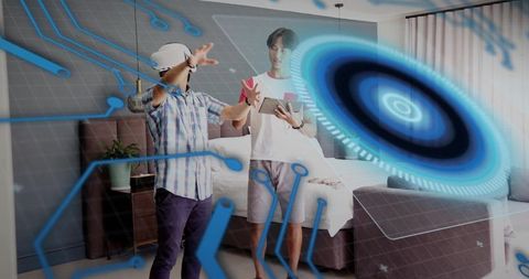 Parent and teen exploring holographic interface in modern bedroom using vr headset