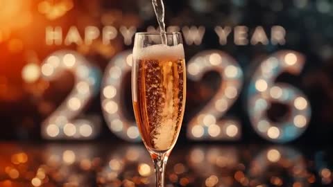 Close-Up Champagne Pouring into Flute with Illuminated 2026 Bokeh for New Year Toast