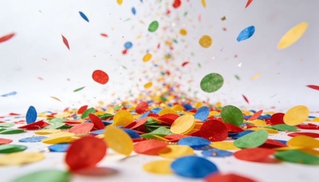 Vibrant confetti circles scattering across white surface closeup with motion bokeh