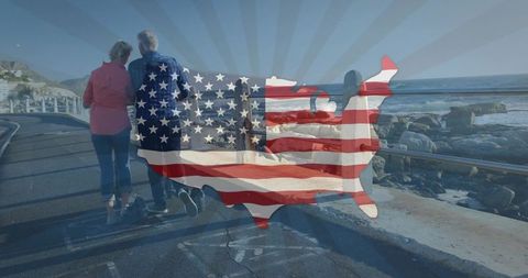 Senior couple walking coastal promenade with american flag overlay for patriotic lifestyle