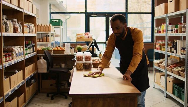 Grocery store worker wiping wooden counter cleaning retail countertop with jars on shelves