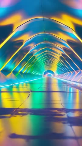 Vertical neon tunnel loop showcasing futuristic arched corridor with shifting reflections