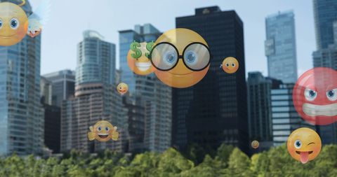 Flying Emojis Over Cityscape Depict Social Media Culture - Download Free Stock Images Pikwizard.com