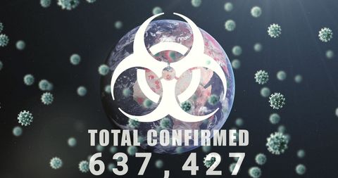 Global covid-19 pandemic concept with virus cells and biohazard symbol