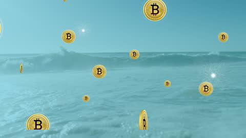 Floating Bitcoin Logos Over Ocean Waves