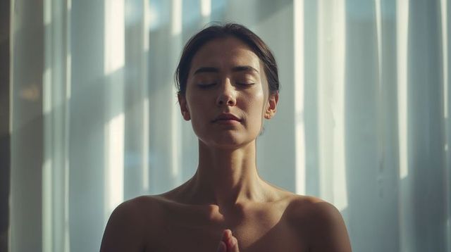 Serene woman meditating with eyes closed by sheer curtains in soft morning light