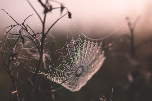 Perfect for nature enthusiasts, illustrating beauty of delicate spider webs with morning dew. Ideal for backgrounds, nature calendar designs, educational materials on spiders and webs, or visual content promoting outdoor activities and rural life.