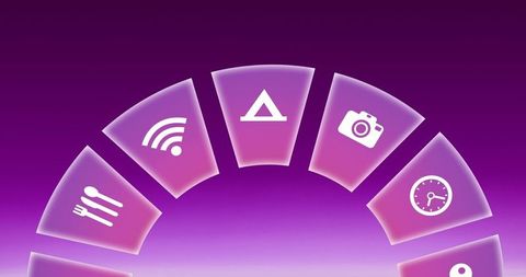 Digital travel icons on vibrant purple background