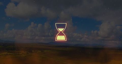 Neon Hourglass Above Rolling Hills with Cloudy Sky and Particle Effects