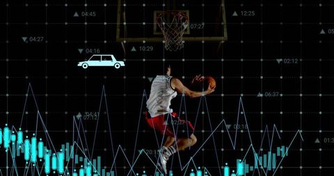 Jumping basketball player performing dunk with futuristic data and stock market graph overlay