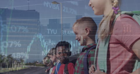 Children Waiting for Bus Overlaid with Financial Data Graphics
