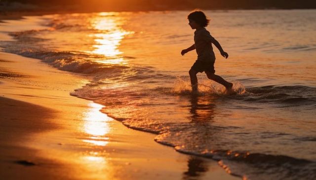 Silhouetted Child Running Along Sunset Beach Splashing in Shallow Waves