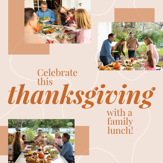 Image shows a family gathering around a table enjoying a Thanksgiving lunch. The family engages in conversation and laughter while sharing a festive meal. Use this image for holiday promotions, family-oriented advertisements, seasonal greetings, and content promoting Thanksgiving traditions.