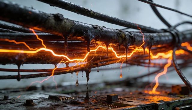 Sparking industrial cables dripping molten tar over corroded circuit board, glowing arcs