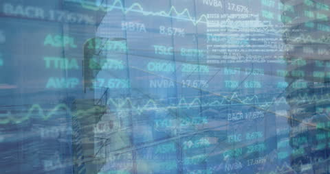 Modern City with Financial Data Overlay Symbolizing Global Economy