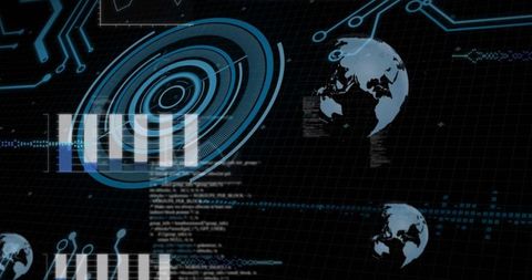 Rotating Ringed HUD Futuristic Showing Scrolling Code, Bar Graphs and Globe Icons Neon Cyan