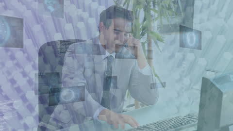 Businessman Analyzing Digital Data with Futuristic Overlay